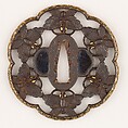 Sword Guard (<i>Tsuba</i>) Depicting Six Connected Butterflies (六つ蝶繋透鐔), Iron, gold, copper, copper-gold alloy (shakudō), Japanese