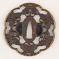 Sword Guard (<i>Tsuba</i>) Depicting Six Connected Butterflies (六つ蝶繋透鐔), Iron, gold, copper, copper-gold alloy (shakudō), Japanese