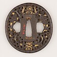 Sword Guard (<i>Tsuba</i>) Depicting Two Dragons Chasing a Gem (玉追い双龍図南蛮鐔), Iron, gold, copper, Japanese