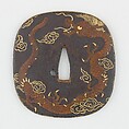 Sword Guard (<i>Tsuba</i>) Depicting Dragon and Paulownia Leaves With Tendrils (龍と桐唐草図鐔), Iron, copper, gold, Japanese