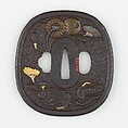 Sword Guard (<i>Tsuba</i>) With the Motif of Chrysanthemums and Butterfly (菊と蝶図鐔), Iron, gold, copper, silver-copper alloy (shibuichi), Japanese