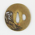 Sword Guard (<i>Tsuba</i>) Depicting Hanshan and Shide (寒山拾得図鐔), Brass, copper, gold, gold-copper alloy (shakudō), Japanese