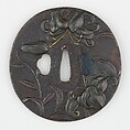 Sword Guard (Tsuba) with Lily Motif (百合図鐔), Iron, gold, silver, copper-gold alloy (<i>shakudō</i>), Japanese