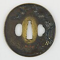 Sword Guard (<i>Tsuba</i>) Depicting Horned Owl in Plum Tree (梅樹に木菟図鐔), Brass, copper-gold alloy (shakudō), gold, silver, copper, Japanese