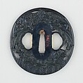 Sword guard (<i>Tsuba</i>) with Flower Basket Motif (花籠図鐔), Copper-gold alloy (shakudō), gold, Japanese