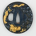 Sword Guard (<i>Tsuba</i>) Depicting Dragon Between Waves (波龍図鐔), Copper-gold alloy (shakudō), gold, copper, Japanese