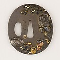 Sword guard (<i>Tsuba</i>) Depicting Hotei (布袋図鐔), Copper-silver alloy shibuichi), gold, copper-gold alloy (shakudō), copper, Japanese