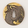 Sword guard (<i>Tsuba</i>) With the Motif of Lǐ Bái Viewing a Waterfall (李白観瀑図鐔), Copper-silver alloy (shibuichi), gold, copper-gold alloy (shakudō), copper, Japanese