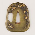Sword guard (<i>Tsuba</i>) With the Motif of Paulownia Leaves, Tendrils, and Butterfly (蝶に桐唐草図鐔), Copper alloy (sentoku), gold, copper, copper-gold alloy (shakudō), Japanese