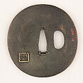 Sword guard (<i>Tsuba</i>) Depicting Hanshan and Shide (寒山拾得図鐔), Copper-silver alloy (shibuichi), gold, copper, Japanese