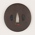 Sword guard (<i>Tsuba</i>) Depicting Zhūgě Liàng and Guān Yǔ (孔明・関羽図鐔), Iron, gold, copper-gold alloy (shakudō), Japanese