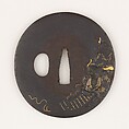 Sword guard (<i>Tsuba</i>) Depicting Hanshan and Shide (寒山拾得図鐔), Sugiura Joi (Japanese, 1701–1761), Iron, gold, copper, copper-silver alloy (shibuichi), Japanese