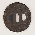 Sword guard (<i>Tsuba</i>) With Chrysanthemum Motif (菊花図鐔), Masayoshi (Japanese, active late 18th century), Iron, copper-gold alloy (shakudō), Japanese