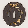 Sword Guard (<i>Tsuba</i>) With the Motif of Dragonfly in Grapevine (葡萄に勝虫図鐔), Iron, gold, copper-gold alloy (<i>shakudō</i>), Japanese