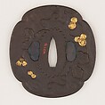 Sword Guard (<i>Tsuba</i>) With the Motif of Dragonfly in Grapevine (葡萄に勝虫図鐔), Iron, gold, copper-gold alloy (<i>shakudō</i>), Japanese