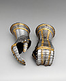 Pair of Gauntlets from a Garniture of Armor of Philip II of Spain (reigned 1556–98), Desiderius Helmschmid  German, Steel, leather, gold, German, Augsburg