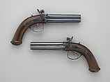 Pair of Four-Barreled Turnover Percussion Pistols of Henry Pelham Fiennes Pelham-Clinton, 4th Duke of Newcastle-under-Lyne (1785–1851), with Pair of Box-Lock Turn-Off Pocket Pistols, Case, and Accessories, James Purdey the Elder (British, London 1784–1863 Margate), Turnover pistols: steel, wood (walnut), gold, silver; pocket pistols: steel, wood (walnut); mallet: wood (walnut, rosewood, ebony), leather; ramrod: wood (ebony), brass; cleaning rod: wood (walnut), brass, steel; cleaning rod tip: brass; powder flask: copper, gold, brass, steel; bullet mold: steel; nipple wrench: wood (walnut), steel, brass; screwdriver: horn, steel, brass; socket wrench: steel; patch box: ivory; case: wood (mahogany), brass, ivory, textile, paper, British, London
