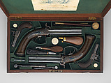 Pair of Four-Barreled Turnover Percussion Pistols of Henry Pelham Fiennes Pelham-Clinton, 4th Duke of Newcastle-under-Lyne (1785–1851), with Pair of Box-Lock Turn-Off Pocket Pistols, Case, and Accessories, James Purdey the Elder (British, London 1784–1863 Margate), Turnover pistols: steel, wood (walnut), gold, silver; pocket pistols: steel, wood (walnut); mallet: wood (walnut, rosewood, ebony), leather; ramrod: wood (ebony), brass; cleaning rod: wood (walnut), brass, steel; cleaning rod tip: brass; powder flask: copper, gold, brass, steel; bullet mold: steel; nipple wrench: wood (walnut), steel, brass; screwdriver: horn, steel, brass; socket wrench: steel; patch box: ivory; case: wood (mahogany), brass, ivory, textile, paper, British, London