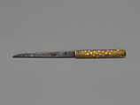 Knife Handle (<i>Kozuka</i>) with Blade Depicting Maples, Arabesques, and Patterns (紅葉唐草文様図小柄), Iron, gold, steel, Japanese