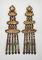 Pair of Crupper Pendants, Iron, gold, copper alloy, leather, wood, Tibetan