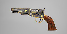 Gold-inlaid Colt Model 1849 Pocket Revolver (serial no. 63306), Samuel Colt (American, Hartford, Connecticut 1814–1862), Steel, copper alloy, gold, wood (walnut), American, Hartford, Connecticut