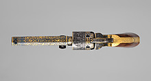 Gold-inlaid Colt Model 1849 Pocket Revolver (serial no. 63306), Samuel Colt (American, Hartford, Connecticut 1814–1862), Steel, copper alloy, gold, wood (walnut), American, Hartford, Connecticut