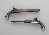 Pair of Flintlock Pistols, Henry Hadley (British, London, active 1734, d. 1773), Steel, wood (walnut), silver, gold, copper alloy, British, London