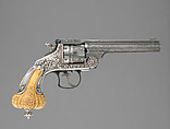 Smith & Wesson .44 Double-Action Frontier Model Revolver decorated by Tiffany & Co. (serial no. 8401), with Case and Cleaning Rod, Smith & Wesson (American, established 1852), Steel, silver, ivory, textile (chamois), wood (California laurel), American, Springfield, Massachusetts and New York