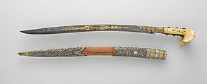 Sword (Yatagan) with Scabbard, Steel, wood, horn, silver, velvet, gold, Turkish