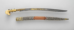 Sword (Yatagan) with Scabbard, Steel, wood, horn, silver, velvet, gold, Turkish