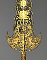 Three Partisans Carried by the Bodyguard of Louis XIV (1638–1715, reigned from 1643), 14.25.454 designed by Jean Berain (French, Saint-Mihiel 1640–1711 Paris), Steel, gold, wood, textile, brass, French, Paris