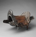 Saddle, Iron, gold, silver, copper, leather, wood, textile, Eastern Tibetan or Chinese