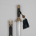 Sword with Scabbard, Steel, bronze, leather, cord, wood, silver, probably stone, Chinese