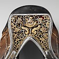 Saddle (<i>gser sga</i>), Iron, gold, silver, wood, leather, textile, Eastern Tibetan or Chinese for the Tibetan market