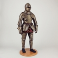 Armor with Matching Shaffron and Saddle Plates, Steel, copper alloy, silver, gold, leather, textile, Italian, Milan