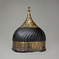 Turban Helmet, Steel, iron, silver, gold, Turkish, possibly Istanbul, in the style of Turkman armor