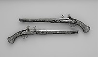 Pair of Snaphaunce Pistols, Matteo Cecchi, called Acquafresca (Italian, Bargi, 1651–1738), Steel, silver, wood (ebony), Italian, Bargi