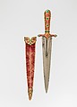 Dagger with Scabbard, Steel, iron, gold, rubies, emeralds, glass, wood, textile, Indian, Mughal