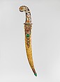 Dagger with Scabbard, Steel, copper, nephrite, agate, gemstones, colored stones, gold, silver, blade and scabbard, Turkish; hilt, probably Indian