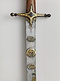 Saber (Kilij) with Scabbard, Steel, gold, horn (rhinoceros), wood, leather, Hilt, Turkish or North African; blade, Iranian
