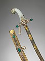 Saber with Scabbard, Steel, gold, silver, jade (nephrite), diamonds, emeralds, pearls, grip, Indian; guard, scabbard, and decoration on blade, Turkish; blade, Iranian
