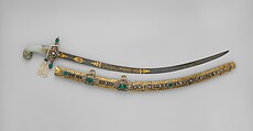 Saber with Scabbard, Steel, gold, silver, jade (nephrite), diamonds, emeralds, pearls, grip, Indian; guard, scabbard, and decoration on blade, Turkish; blade, Iranian