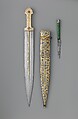 Dagger (<i>Qama</i>) with Sheath and Utility Knife, Steel, ivory (walrus), silver, gold, niello, copper, wood (likely mahogany), leather, sharkskin, Caucasian, probably Tbilisi, Georgia