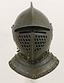 Closed Burgonet, Steel, leather, gold, brass, Probably Austrian, Innsbruck