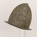 Pointed Morion, Steel, copper alloy (brass), gold, silver, leather, Italian, Milan