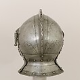 Burgonet, Decoration attributed to Ulrich Holzmann (German, Augsburg, recorded 1534–62), Steel, brass, leather, German, probably Augsburg