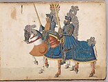 Album of Tournaments and Parades in Nuremberg, Pen and ink, watercolor, gold and silver washes; paper bound in gold-tooled leather, German, Nuremberg