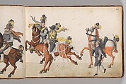 Album of Tournaments and Parades in Nuremberg, Pen and ink, watercolor, gold and silver washes; paper bound in gold-tooled leather, German, Nuremberg