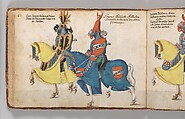 Album of Tournaments and Parades in Nuremberg, Pen and ink, watercolor, gold and silver washes; paper bound in gold-tooled leather, German, Nuremberg