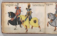 Album of Tournaments and Parades in Nuremberg, Pen and ink, watercolor, gold and silver washes; paper bound in gold-tooled leather, German, Nuremberg